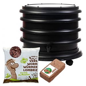 WORMbox | Lombricomposteur 2 Plateaux Noir + 500gr de vers de Compost + 1 Bloc Coco | 32 litres | Compostez Vos déchets organiques, Les vers de Terre / lombrics produisent du lombricompost (Ferme du Moutta, neuf)