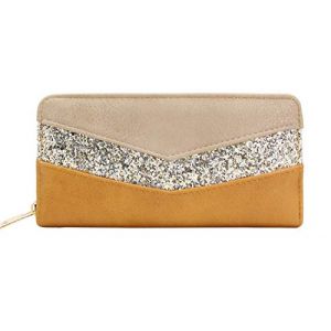 CRAZYCHIC - Portefeuille Paillettes Grande Capacit&eacute; Femme - Compagnon Porte-Monnaie Long Bande Strass Brillant Cuir PU Multicolore - Plusieurs Compartiments Cartes - Tendance Mode - Marron Camel (Crazychic, neuf)