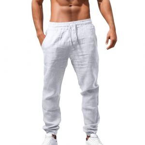 Pantalon Lin Homme Taille Elastique Été Pas Cher Pantalon Coton Lin pour Homme Plage Sport Casual Yoga Toile Pants de Travail Léger Décontracté Coupe Droite avec Cordon de Serrage (Blanc, M) (Gaieyx, neuf)