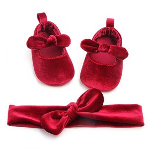 Carolilly Ensemble Bandeau Chaussures Enfant Bébé Fille Chaussures Bowknot/Fleurie Princesse Premiers Pas Anti-dérapant + Bandeau Noeud Papillon ,Rouge Foncé,(0-6M) (La Vie Brillante, neuf)
