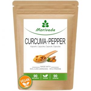 Capsules de curcuma au poivre - extrait de 10 000 mg de curcuma, curcumine et pipérine - approvisionnement de 3 mois - végétalien et sans gluten - 1x 90 pièces (AMTEC International, neuf)