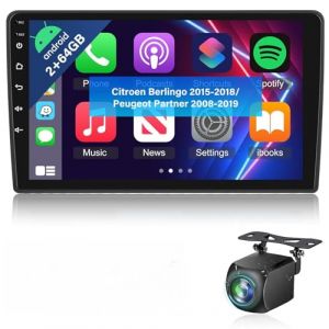 NHOPEEW Autoradio Android 2G+64G pour Citroen Berlingo 2015-2018/Peugeot Partner 2008-2019 - sans Fil Carplay & Android Auto - St&eacute;r&eacute;o Android 9 Pouces avec WiFi GPS FM RDS + AHD Cam&eacute;ra de recul&Mic (Tianju-EU, neuf)