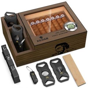 KEJIAR Cave &agrave; cigares avec 2 c&ocirc;t&eacute;s pour accessoires de cigares, couvercle en verre, petit cave &agrave; cigares, coupe-cigare, coupe-cigare, humidificateur et hygrom&egrave;tre num&eacute;rique, cadeau pour homme (marron (KEJIAR, neuf)