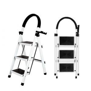 OHMG Escabeau en Acier 3 Marches Tabouret Marche Pied Pliant Echelle avec Pieds Anti D&eacute;rapant Max 150kg,&Eacute;chelle Pliable avec Marches et Pieds Antid&eacute;rapants,Charge 150 kg (jusiZL, neuf)