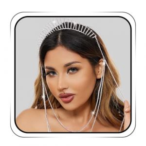 IYOU Marie Halo Couronne Bandeau Or Scintillant Strass D&eacute;esse Casque Gland Mariage F&ecirc;te Costume Diad&egrave;me de Cheveux Chapeaux pour Femmes (Argent-B) (Deeping, neuf)