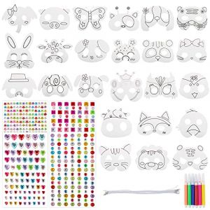 24PCS Masques Animaux et 4 Feuilles Strass Autocollant Avec Feutres de Coloriage Bricolage Enfant Accessoire de Déguisement Cadeau Animaux Pour Decoration Cosplay Anniversaire Jungle Party (Style B) (Wei Er TongMaoYi, neuf)