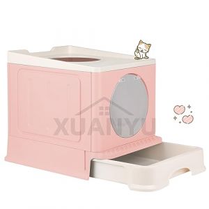 XUANYU Grande Bac à Litière pour Chat Fermée, Grande Maison de Toilette Chat Pliable avec Couvercle, Tiroir à Litière avec Pelle, WC pour Chats, Jusqu'à 7 kg/15 lbs (Rose L-45×34×39 cm) (XUASHW, neuf)