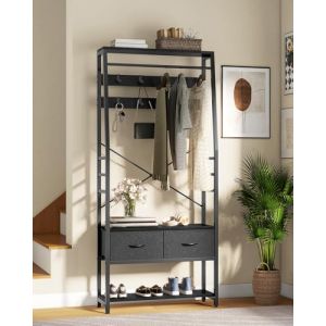 YITAHOME Porte-manteau avec rangement à chaussures, arbre d'entrée autonome avec banc et 2 tiroirs pliables, porte-manteaux industriel avec 8 crochets pour couloir, cadre en métal, Noir (Yitafamily, neuf)