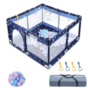 UISEBRT Parc pour bébé - 130 x 130 cm - Barrière avec filet respirant - 30 balles - Mini couffin - Aire de jeux de sécurité pour enfants - Bleu (UISEBRT, neuf)