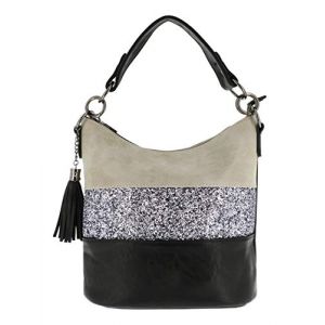 Gallantry - Sac &agrave; Main Bandouli&egrave;re Femme Paillettes - Sac Seau Port&eacute; Epaule Multicolore Rayures - Besace Anse Large Strass Brillant Soir&eacute;e Mariage - PU Cuir Souple - Chic Tendance - Gris Noir (CROCOCHIC, neuf)