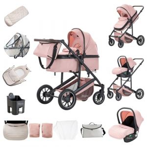 Zkiprm Poussette 3-en-1, Système de Voyage Avec Siège Auto, Landau et nacelle, Accoudoirs Réglables, Habillage pluie, Gant, Moustiquaire, Châssis en aluminium, Landau à profil haut pour 0-4 ans,Rose (Zkiprm, neuf)