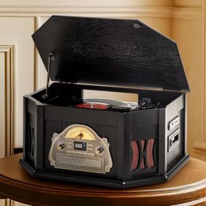 ORCC Tourne-disque 10 en 1, tourne-disque nostalgique pour disque vinyle avec Bluetooth, 2 haut-parleurs intégrés, CD, cassette, radio AM/FM, USB, fente SD, télécommande (EUoutdoor, neuf)