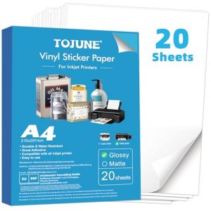 TOJUNE Papier Vinyl Autocollant Imprimable pour Imprimante À Jet D'encre, A4-21x29.7 cm, Imperméable, Découpe Arbitraire, Support Adhésif (20 Feuilles) (Blanc Lisse) (TOJUNE EU, neuf)