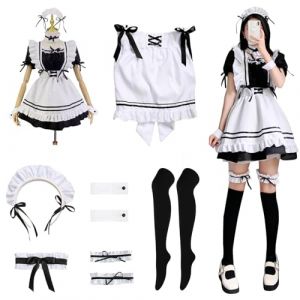 MeYuxg Tenue de Maid - Robe de fille française - Costume d'Halloween pour femme - Jolie robe de cosplay de femme - Costume de soubrette avec tablier, anneaux pour les jambes - Bas noirs - Costume de (lovehomevp, neuf)