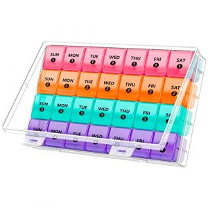 Pilulier mensuel extra large - Pilulier couleur 7 jours une fois par jour avec 4 piluliers hebdomadaires pendant 28 jours - &Eacute;tui anti-poussi&egrave;re XL sans BPA pour pilules, comprim&eacute;s, suppl&eacute;ments (RockDealer, neuf)