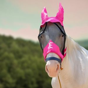 XE Masque Anti-Mouches pour Chevaux avec Oreilles – Masque Complet en Maille Respirante pour Le Visage et Le Nez pour Protection UV et Mouche Equine (Half Pink Mask, COB (M)) (Xpert Corp, neuf)