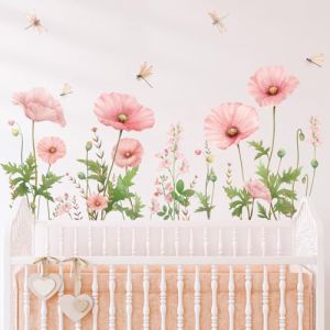 Stickers Muraux Coquelicot Aquarelle, Autocollants Muraux Libellules Fleurs Roses, Décoration Murale pour Chambre Salon Salle de Bain (SHUCHING, neuf)