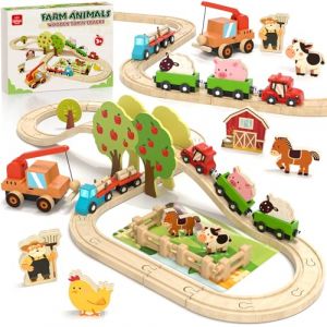 Lehoo Castle Train en Bois, Ferme en Bois Enfant, Train Enfant, Jouet Fille Gar&ccedil;ons 3 4 5 Ans, Compatible avec Thomas, Brio et Hape (Toi Bani EU, neuf)