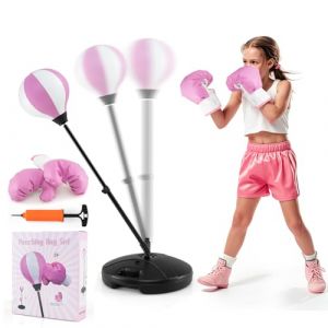 GOPLUS Sac de Frappe Enfants sur Pied, Hauteur Adjustable, Socle Stable pour Sable ou Eau, Punching-Ball avec Gants et Pompe, Exercice/Evacuer Stress pour Adultes et Enfants 3 Ans+ (Rose) (Augenstern24, neuf)