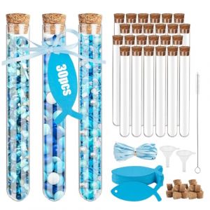 RYAN 30 Pièces Tube Plastique Transparent avec Bouchon Liège 15x150mm Tube a Essai Plastique avec Carte Ruban Entonnoir und Pinceau pour laboratoires Bonbons Décoration de Mariage (FRLENGG, neuf)