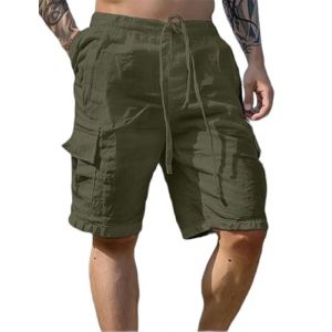 PADOLA Short Homme Coton Lin Bermuda avec 4 Poches &Eacute;t&eacute; Plage Cargo Shorts et Bermudas Taille Elastique Short de Travail Cordon de Serrage Uni Baggy Pantacourt Casual D&eacute;contract&eacute; (2 Vert arm&eacute;e, L) (Chaos World Apparel, neuf)