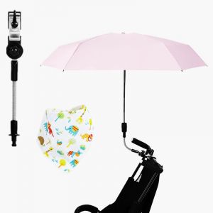 Parasol Ombrelle Universel Poussette,Parasol Poussette Bébé Universelle,Ombrelle pour Poussette,Protection UV 50+,avec Pince de Fixation Réglable,Diamètre 90cm,1 bavoir pour bébé-rose (BlueFZ, neuf)