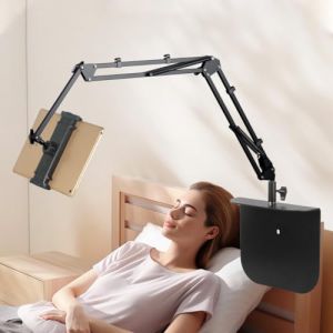 Support Tablette lit, Réglable Support iPad avec Grande Base, Support en Acier Carbone Rotatif 360° avec Bras en Aluminium pour iPad iPhone Telephone Kindle et Autres appareils de 4''-15'' (ZAYMDO, neuf)