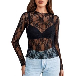 Avidlove Chemisier à manches longues en dentelle pour femme - Style décontracté - Vêtement élégant - Tenue sexy - Col de bande transparent, Noir , S (Avidlove direct, neuf)