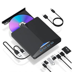 ODIKALA Lecteur CD/DVD Externe, Graveur USB 3.0 et Type-C avec 2 USB et Fente SD/TF, Portable Lecteur Graveur CD DVD Externe, 7 en 1, pour Windows 11/10/8/7、Linux、Mac OS Plug and Play (ODIKALA EU, neuf)