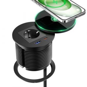 Multiprise Encastrable USB C PD 30W avec Chargeur sans Fil 15W, Prise Encastrable Plan de Travail USB C, Bloc Prise Escamotable pour Meubles, Cuisine, Bureau 2M C&acirc;ble, Diam&egrave;tre 80mm, Noir (YILONGEU, neuf)