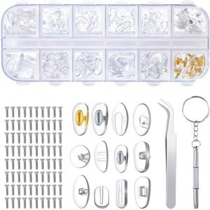 Plaquettes de Nez de Lunettes Kit de R&eacute;paration de Lunettes avec 80 Vis Pincette Petit Tournevis pour Lunettes &agrave; Visser Lunettes &agrave; Enfoncer 12 Styles 60 Paires (jixiangchenouzhoudian, neuf)