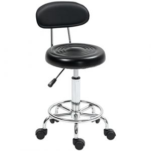 HOMCOM Tabouret &agrave; roulettes avec hauteur ajustable 70-86 cm, tabouret de massage pivotant avec dossier et repose-pieds, chaise de travail &agrave; roulettes pour salon de massage, tatouage, clinique, noir (Aosom FR, neuf)