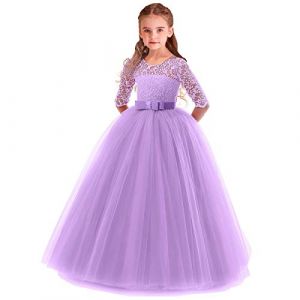MYRISAM Filles Robe de C&eacute;r&eacute;monie 3/4 Manches Longues Tulle Dentelle avec Bowknot Demoiselle d'honneur Robe d&rsquo;mariage Soir&eacute;e Communion anniversaire Bapt&ecirc;me Carnaval F&ecirc;te Bal Violet 5-6 Ans (MYRISAM store, neuf)