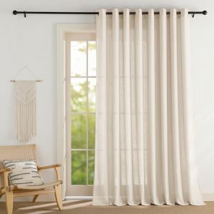 PONY DANCE Rideau Voilage Beige - Rideaux Salon Voile en Lin Draperies Demi Transparent Décoration de Maison avec Oeillets, Largeur 300 cm sur Hauteur 220 cm, Beige, Lot de 1 (RYB HOME EU, neuf)