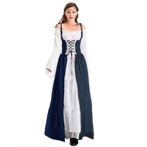 Velcoxplay Robe de Renaissance pour femme - Robe médiévale à manches trompettes - Costume victorien - Bleu - Taille L (Wolkeneu, neuf)