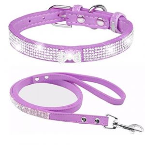 FUNAT Collier de Chien Strass + Laisse, Collier de Chien avec N&oelig;ud en Cristal, Laisses de Collier de Chien Strass, Collier en Strass pour Chien Mignon (AiHuiG, neuf)