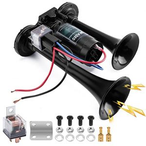 WADEO Klaxon à Air 12 V 118 dB pour Camion, Kit de Klaxon à Air Double Trompette Super Puissant avec Compresseur pour Tous les Véhicules 12 V, Camions, Trains, Bateaux, Voitures, Camionnettes (Noir) (Madera UK, neuf)