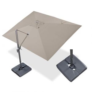 PURPLE LEAF Parasol D&eacute;port&eacute; 3 &times; 4 m avec Socle Lest&eacute;e, Parasol de Jardin Ext&eacute;rieur Toile Imitation Acrylique Protection UPF50+ Inclinable et Rotation &agrave; 360&deg;, 8 Baleines Aluminium, Taupe (PurpleLeafGarden, neuf)