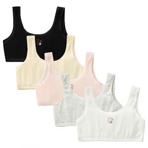 Happy Cherry Lot de 5 Filles Soutien-Gorge en Coton Jeune Fille Brassiere sans Fil Adolescentes Doux sous-Vêtements Haut Court Enfant Maintien Brassiere pour Entraînement Sport Tailles 10 à 14 Ans (QIAOEU, neuf)