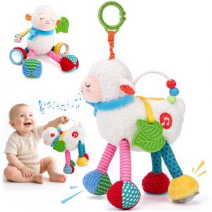 hahaland Jouet Sensoriel Bebe 0-3 Mois - Jouet Poussette Bebe mit 4 Musique, Peluche Hochet Bebe Anneau de Dentition & Miroir, Montessori Cadeau Naissance Fille Garcon 0 3 6 12 Mois (Hahaland Toys, neuf)