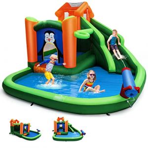 GOPLUS 6 en 1 Ch&acirc;teau Gonflable pour 3 Enfants 3-10 Ans Pingouins, Parc Aquatique Gonflable avec Toboggan,Trampoline,Pataugeoire, Panier Basket,Canon &agrave; Eau Jusqu'&agrave; 135KG (Vert, San Souffleur) (Augenstern24, neuf)
