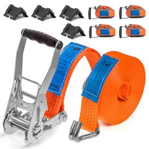 INTAKO Sangle à cliquet 8 m avec Crochet - 5 tonnes x 50 mm - Lot de 4 - Sangles d'arrimage Lourd avec Crochets sécurisés pour Camion et 4 protège-Bords Inclus - Conforme à la Norme DIN en 12195-2 (INTAKO, neuf)