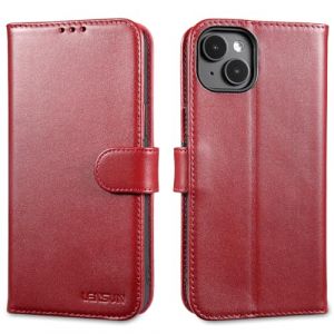 LENSUN Coque pour iPhone 15 Plus, Étui Cuir Véritable [RFID Blocage] Portefeuille Housse avec Rangements Cartes et Fermoir Magnétique pour Apple iPhone 15 Plus 5G - Rouge Vin (LENSUN-SX, neuf)