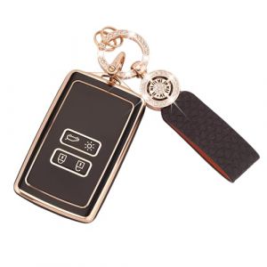 Koaudb Housse de clé de Voiture pour Clio Megane Koleos Kadjar Talisman Captur Espace Dacia Duster 4 Boutons Housse de clé Intelligente en TPU avec Porte-clés en Cuir Noir et Or (C-BP-Rnl) (Koaudb, neuf)