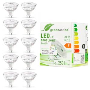 greenandco 10x MR16 GU5.3 | dimmable | remplace 28W | blanc chaud 2700K | IRC 90+ | 3W 250 lm | 38&deg; | sans scintillement | Ampoule LED COB | 12V AC/DC (greenandco-fr, neuf)