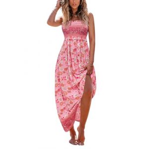 CUPSHE Robe longue d'&eacute;t&eacute; &agrave; smocks pour femme - Sans manches, avec bretelles spaghetti et volants - Longue robe de plage formelle, motif floral rose, Taille L (CUPSHE FR, neuf)