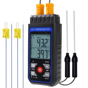 Thermom&egrave;tre &agrave; thermocouple de type K/J &agrave; deux canaux avec 4 sondes de type K, -200 &agrave; 1372&deg;C, Compteur de temp&eacute;rature CVC avec ATC (Robin Tech EU, neuf)
