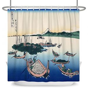 SDOTPMT 122x183cm Japonais Bois Bateau Nautique Rideau de Douche Ukiyo-e Kanagawa Oc&eacute;an Paysage de Bain Monter Fuji Orient Ethnique pour Salle Bains Polyester avec Crochets (SDOTPMT, neuf)