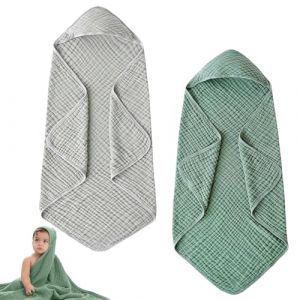 Lot de 2 serviettes de bain pour b&eacute;b&eacute; &agrave; capuche - Absorbante, douce et non pelucheuse - Convient pour les b&eacute;b&eacute;s de 0 &agrave; 18 mois (gris + vert fonc&eacute;, 90 x 90 cm) (SIA KHERO, neuf)