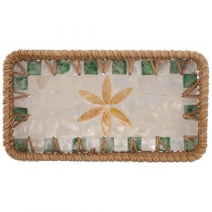 IWOWHERO Plateau de Salon Multifonction en Rotin Tress&eacute; Petit Format 21,6 X 11,7 CM D&eacute;cor Coquillage Jaune Cristal, Plateau &agrave; Parfum et Rangement Maquillage pour Salle de Bain et Coiffeuse (Ssaaya, neuf)